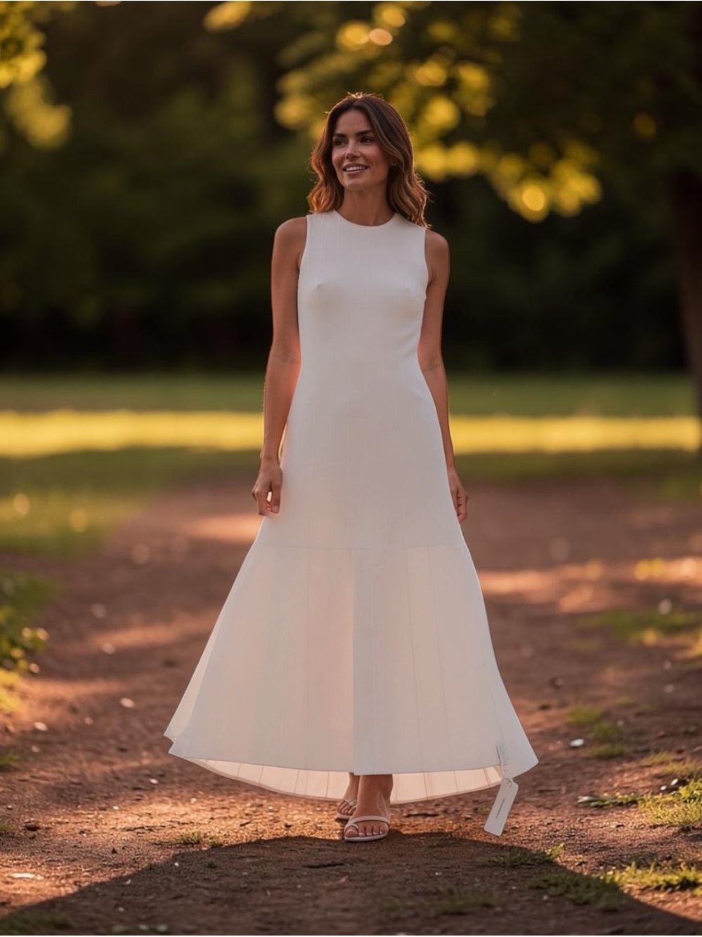 Commense Cream Sleeveless Maxi Dress with Pleated Flared Hem